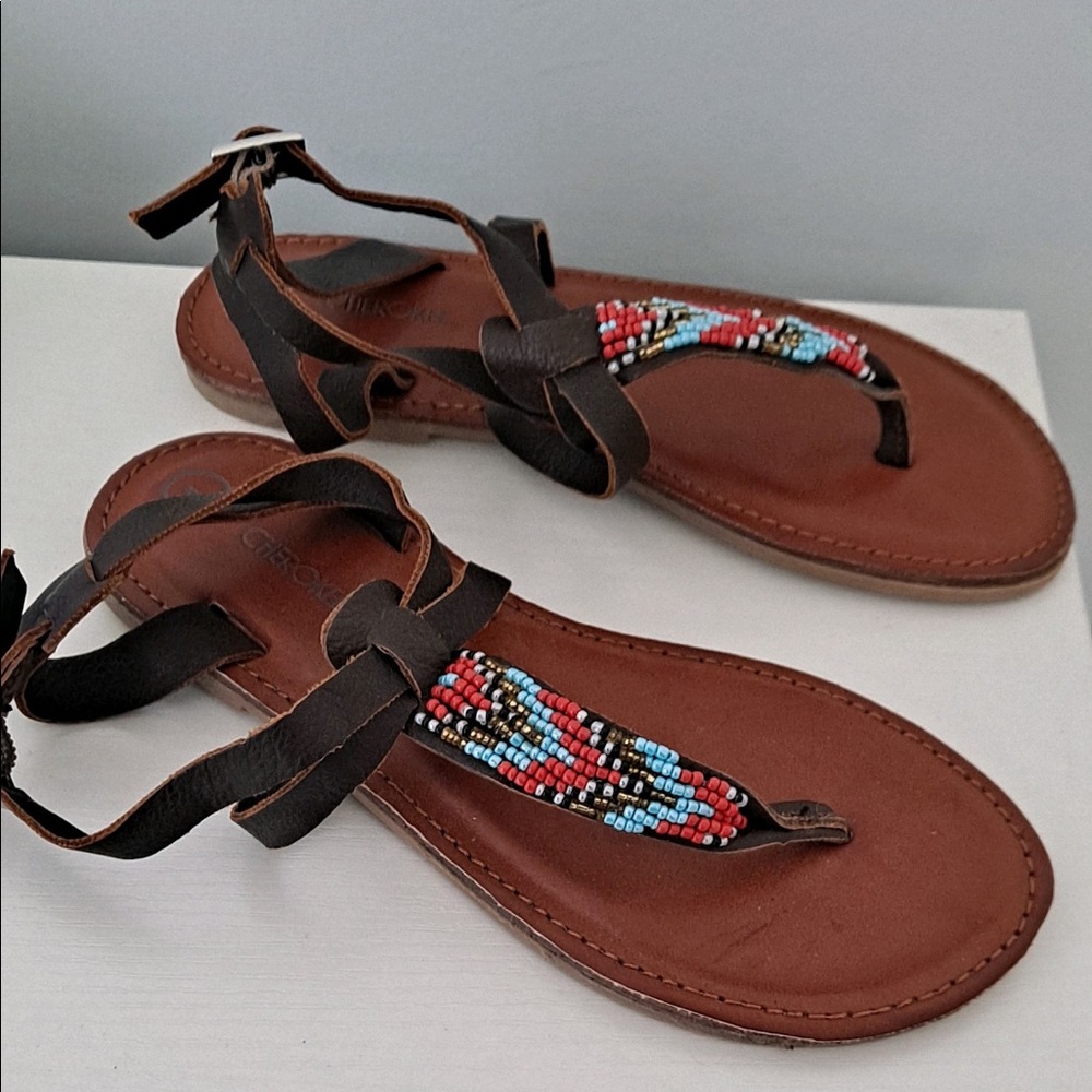 Brand-new never one girls Colorful beaded/Brown leather sandals size 1